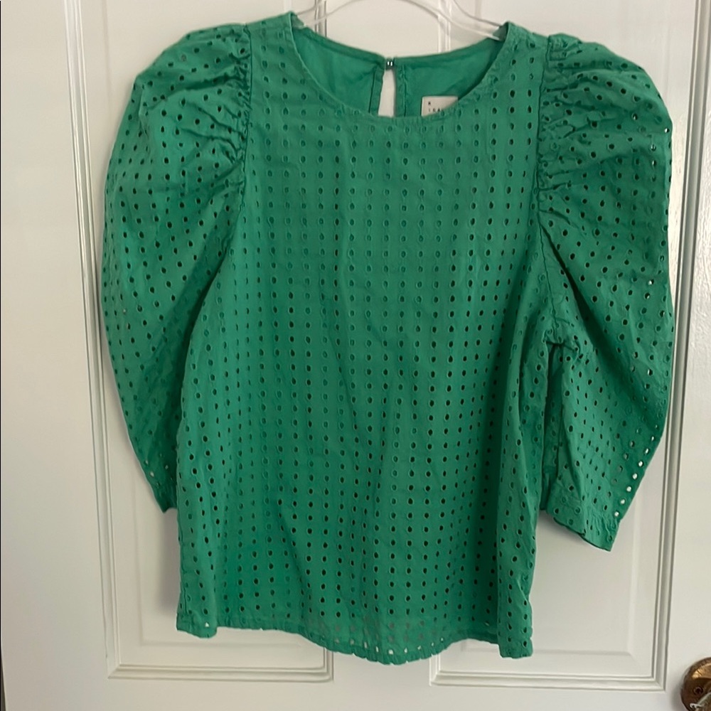 Green Eyelet Puff Sleeve Top